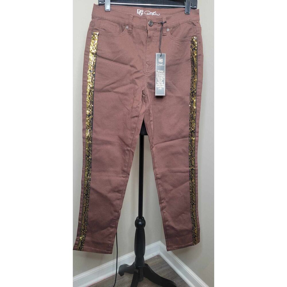 Diane Gilman Brown Straight Leg Pants with Gold Sequin Stripe Detail, sz 10 NWT